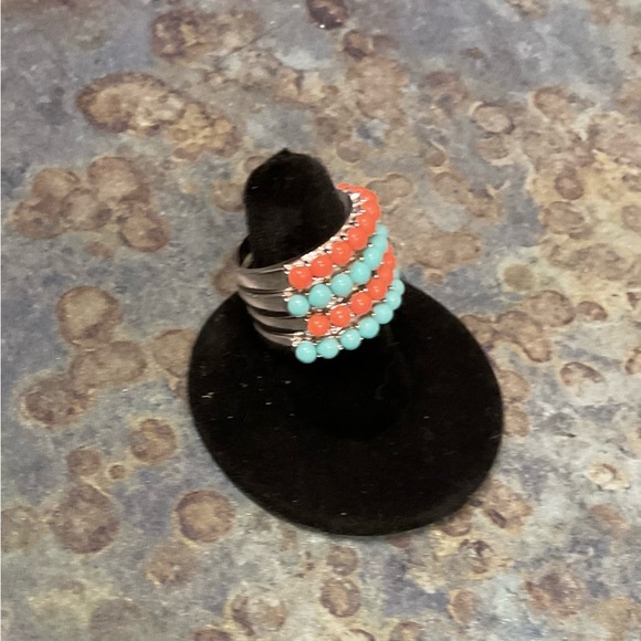 Turquoise and Coral Beaded Sterling Silver 4 Stack Rings - Picture 2 of 6